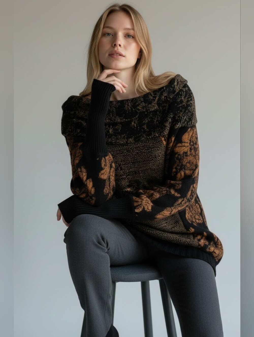 Free People-Black & Brown Floral High Tide Cowl Neck/ Off-the-Shoulder Sweater